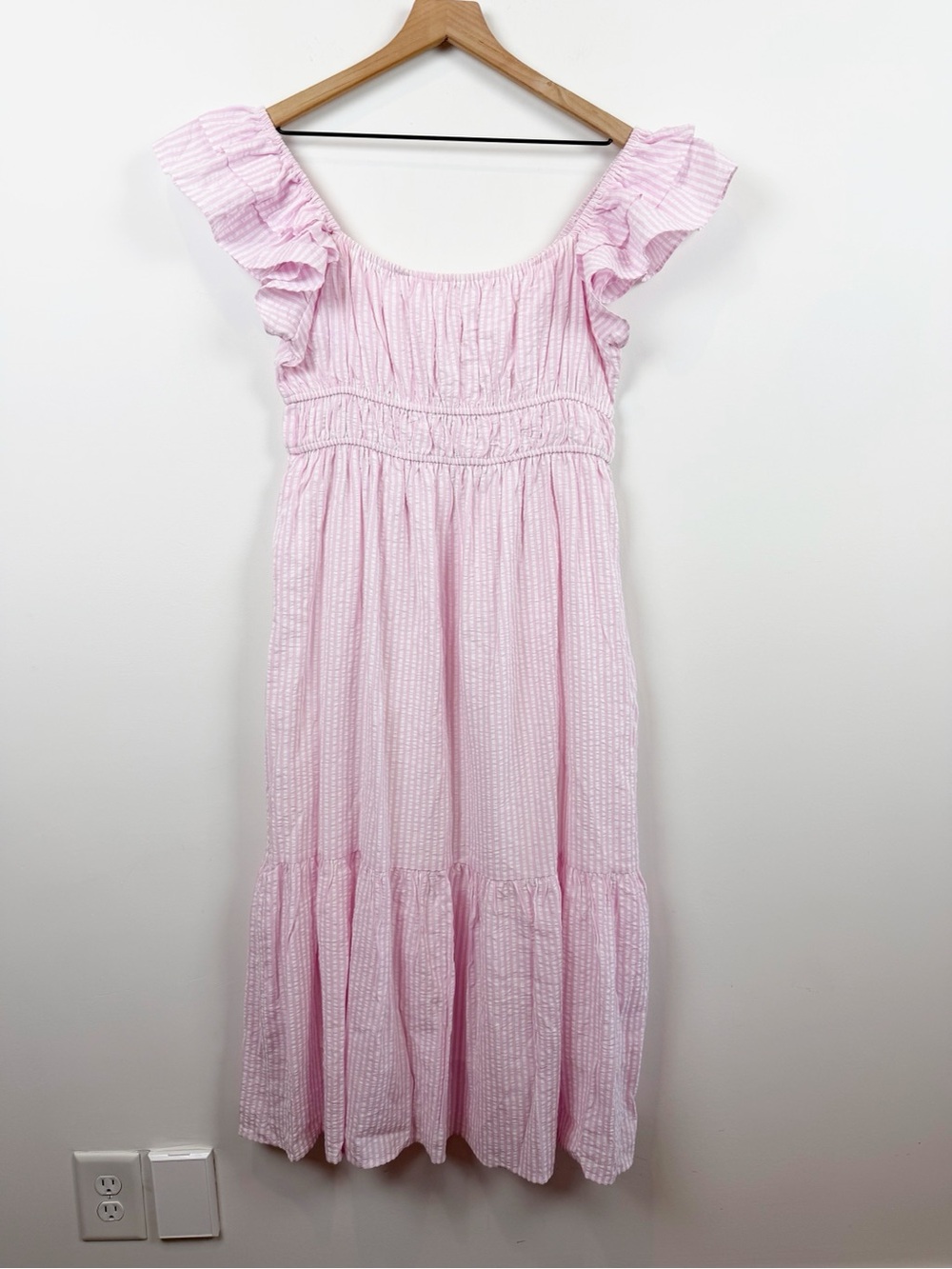 Altar’d State Pink and White Seersucker Ruffle Sleeve Tiered Maxi Summer Dress - Picture 3 of 10